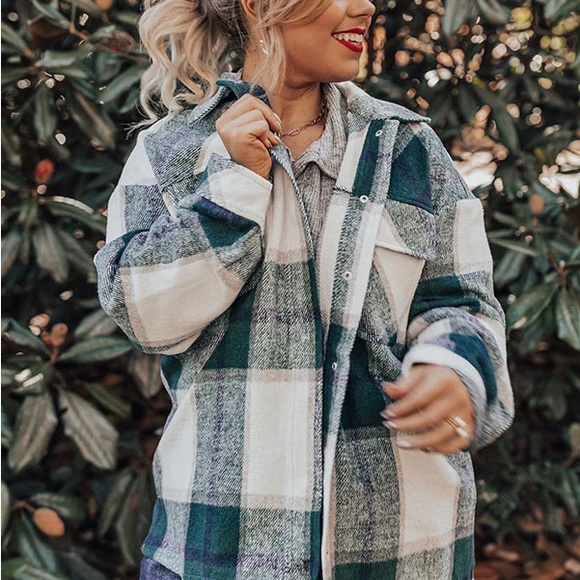 Plaids shacket women oversized jacket cardigan button front - Picture 2 of 6